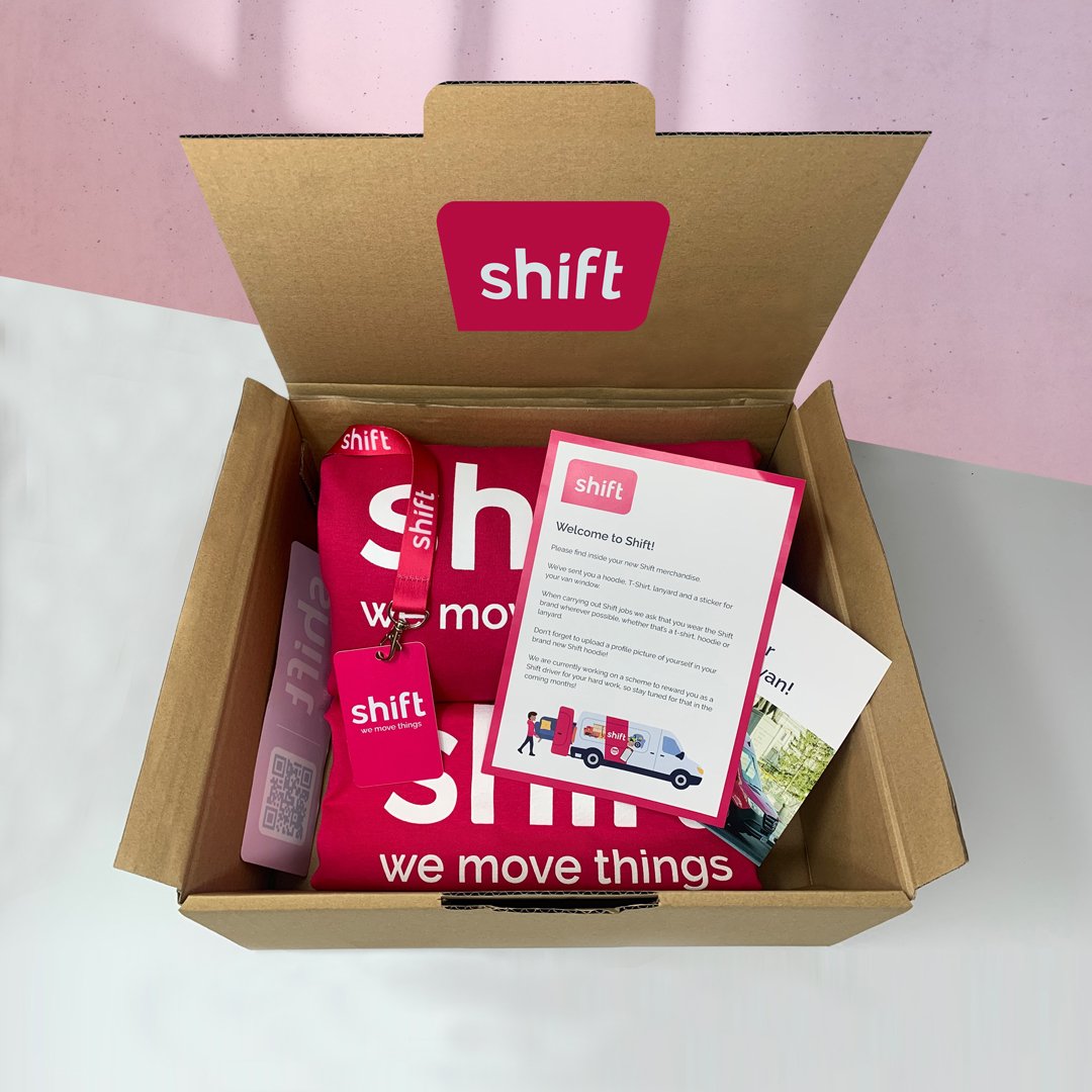 Shift Gift Box containing a t-shirt, hoodie, lanyard, flyers, sticker and booklet